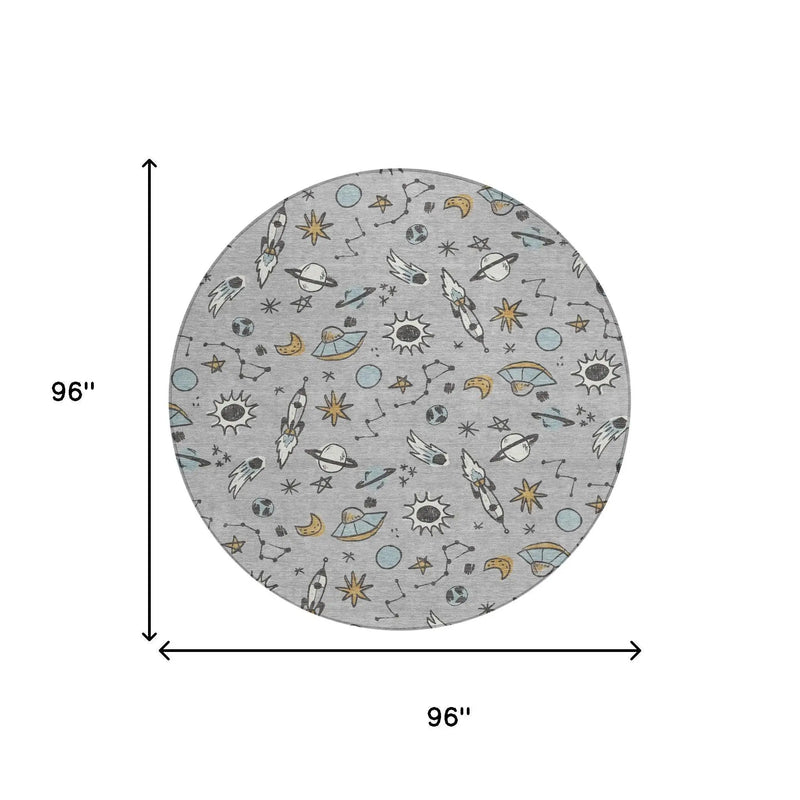 8' Silver And Gray Round Animal Print Washable Indoor Outdoor Area Rug Homeroots Outdoor