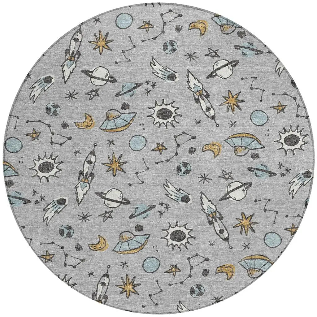 8' Silver And Gray Round Animal Print Washable Indoor Outdoor Area Rug Homeroots Outdoor
