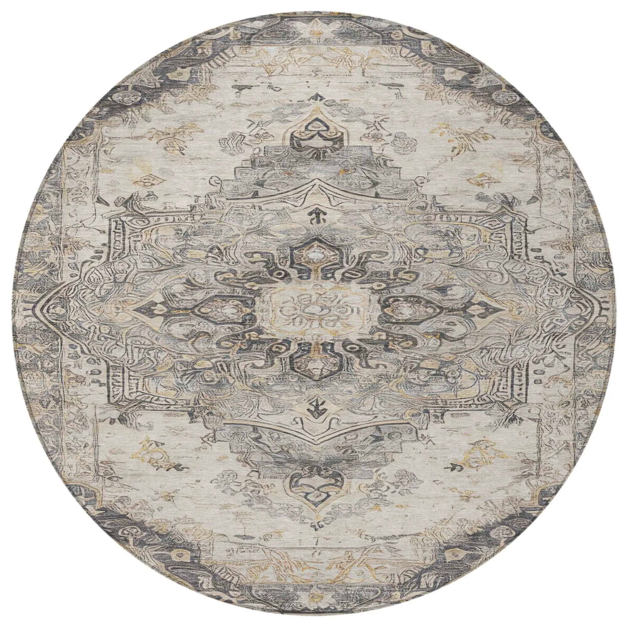 8' Silver And Gray Round Floral Medallion Washable Indoor Outdoor Area Rug Homeroots Outdoor