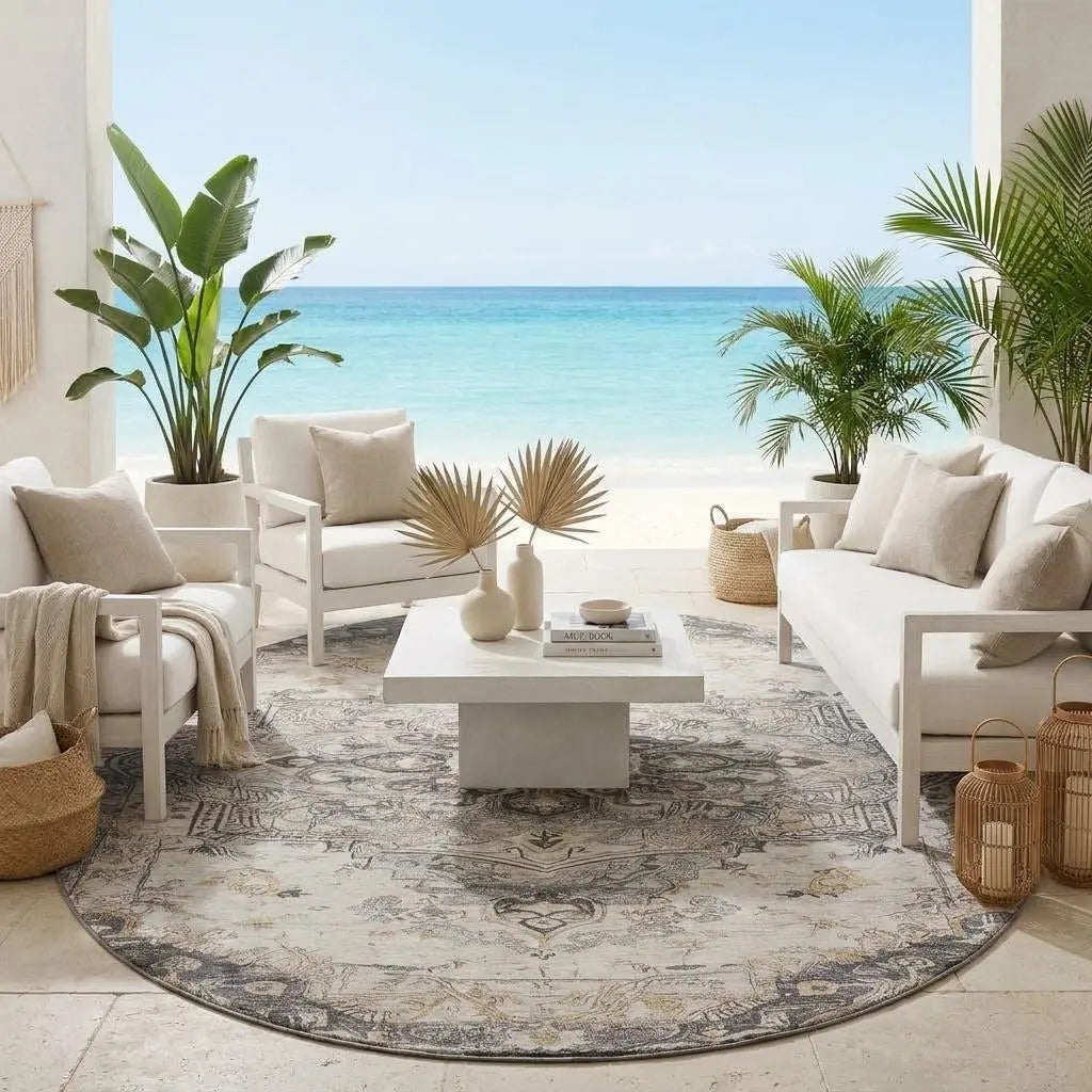 8' Silver And Gray Round Floral Medallion Washable Indoor Outdoor Area Rug Homeroots Outdoor