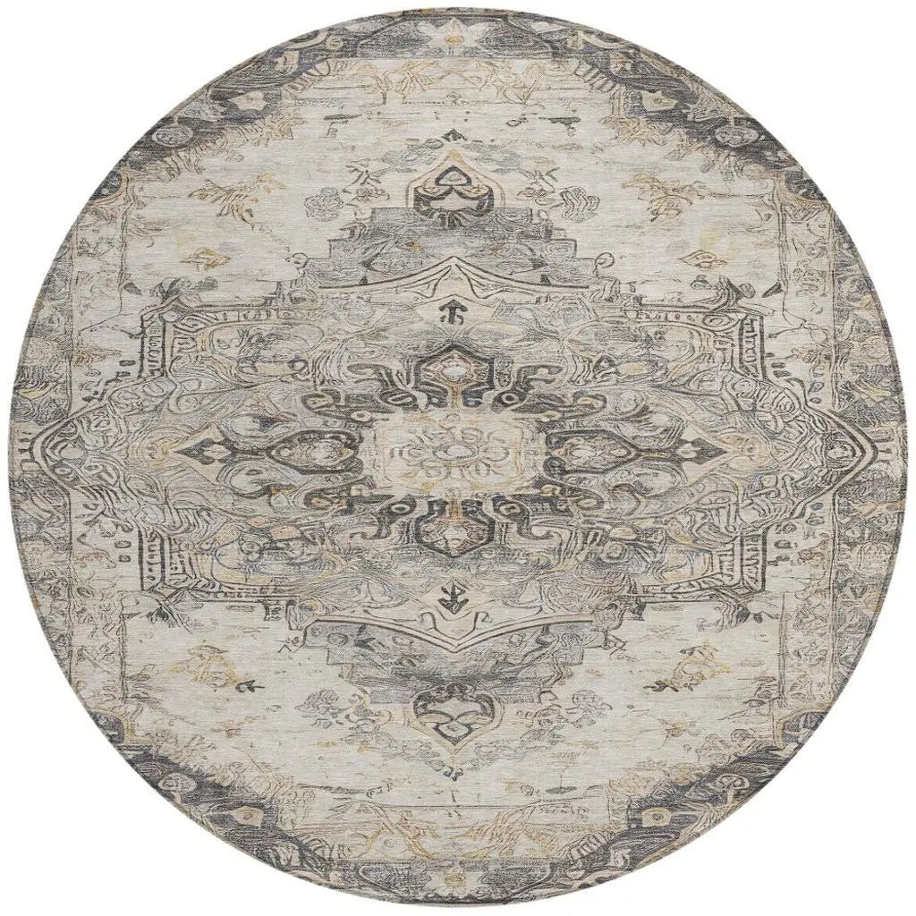 8' Silver And Gray Round Floral Medallion Washable Indoor Outdoor Area Rug Homeroots Outdoor