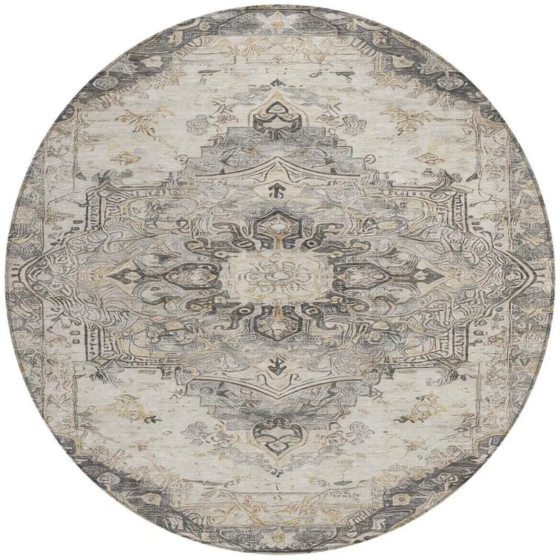 8' Silver And Gray Round Floral Medallion Washable Indoor Outdoor Area Rug Homeroots Outdoor
