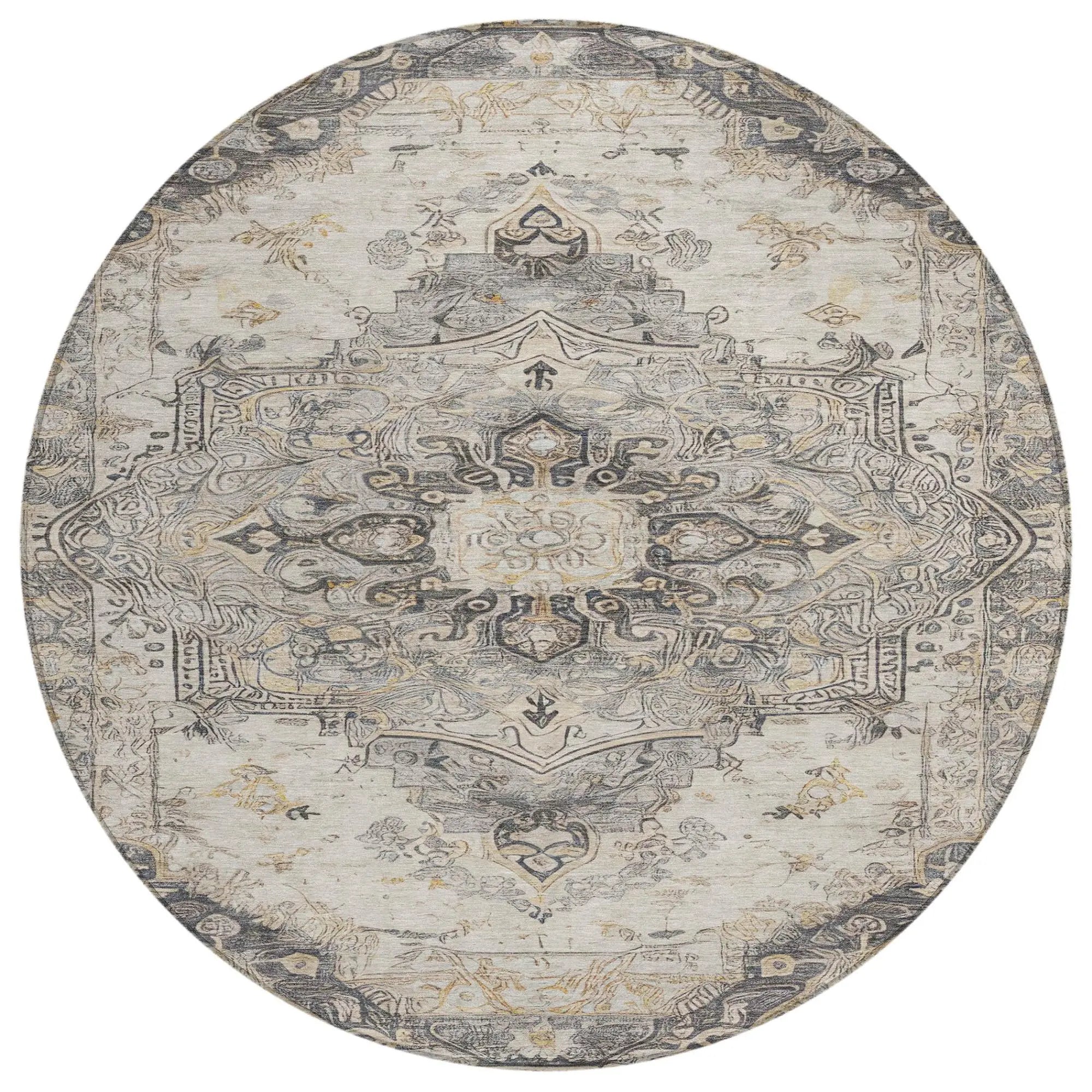 8' Silver And Gray Round Floral Medallion Washable Indoor Outdoor Area Rug Homeroots Outdoor