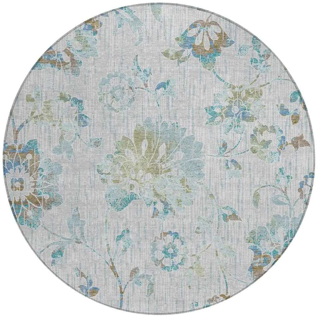 8' Silver And Gray Round Floral Washable Indoor Outdoor Area Rug Homeroots Outdoor