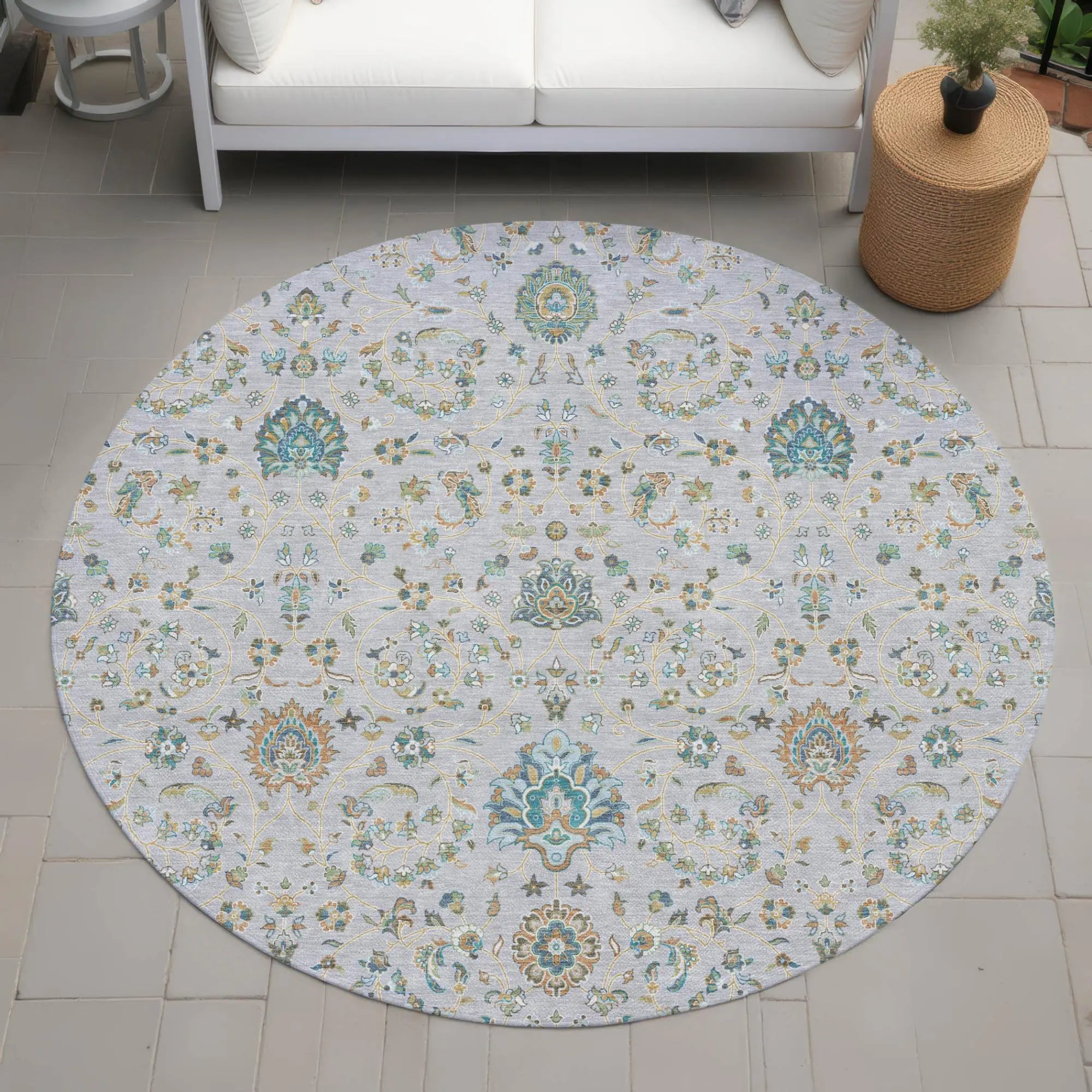 8' Silver And Gray Round Floral Washable Indoor Outdoor Area Rug Homeroots Outdoor