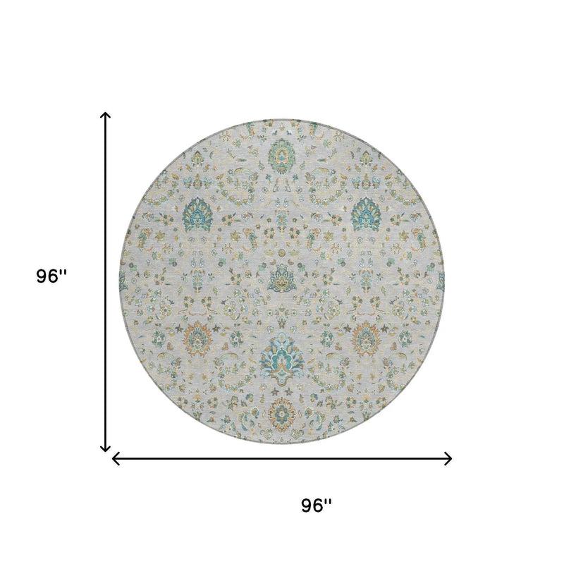 8' Silver And Gray Round Floral Washable Indoor Outdoor Area Rug Homeroots Outdoor