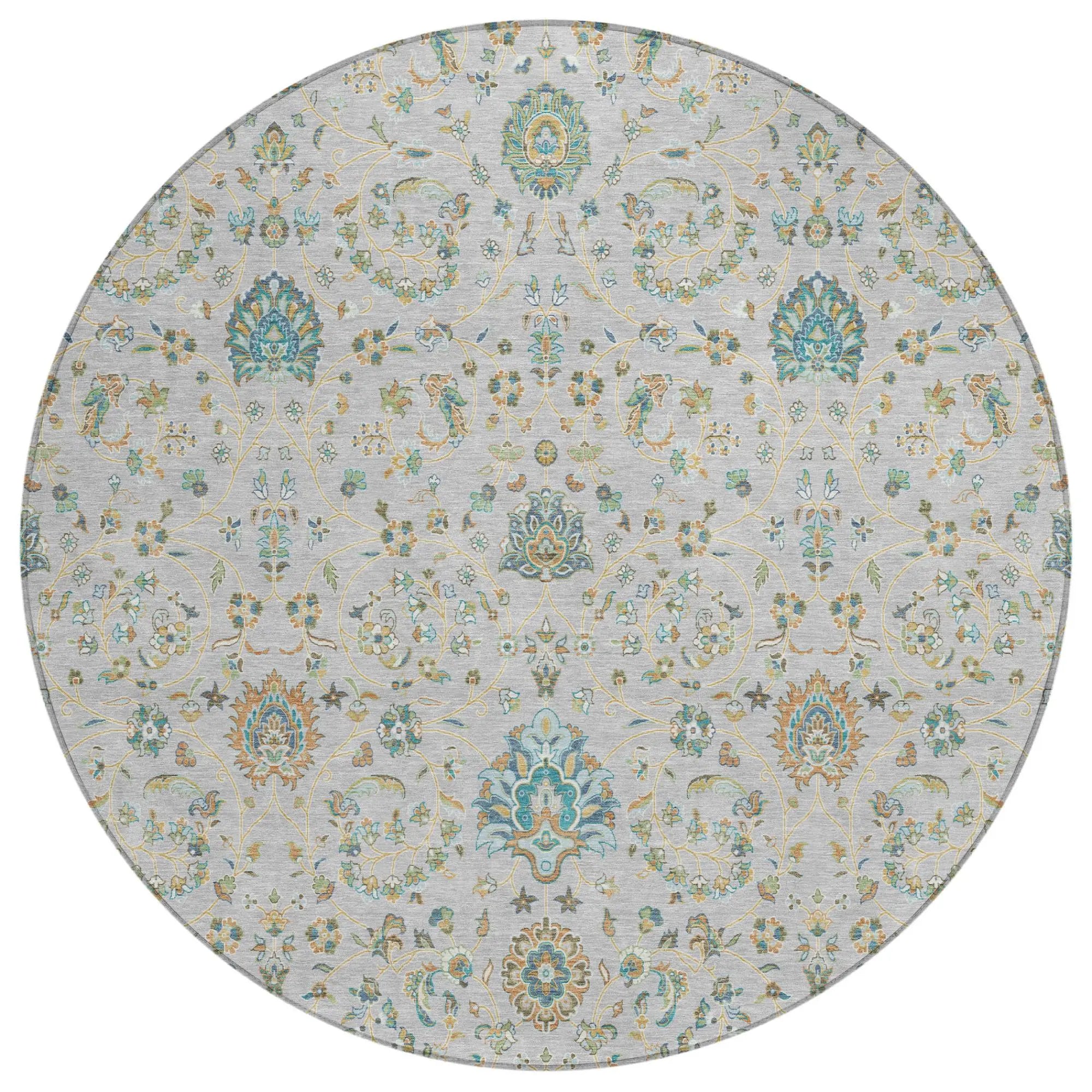 8' Silver And Gray Round Floral Washable Indoor Outdoor Area Rug Homeroots Outdoor