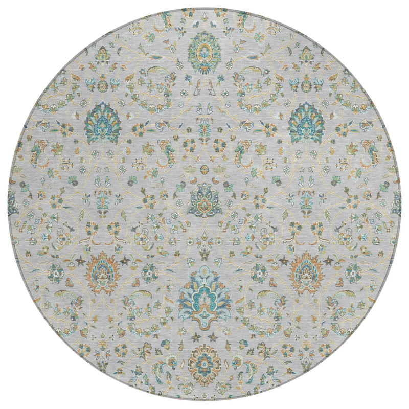 8' Silver And Gray Round Floral Washable Indoor Outdoor Area Rug Homeroots Outdoor