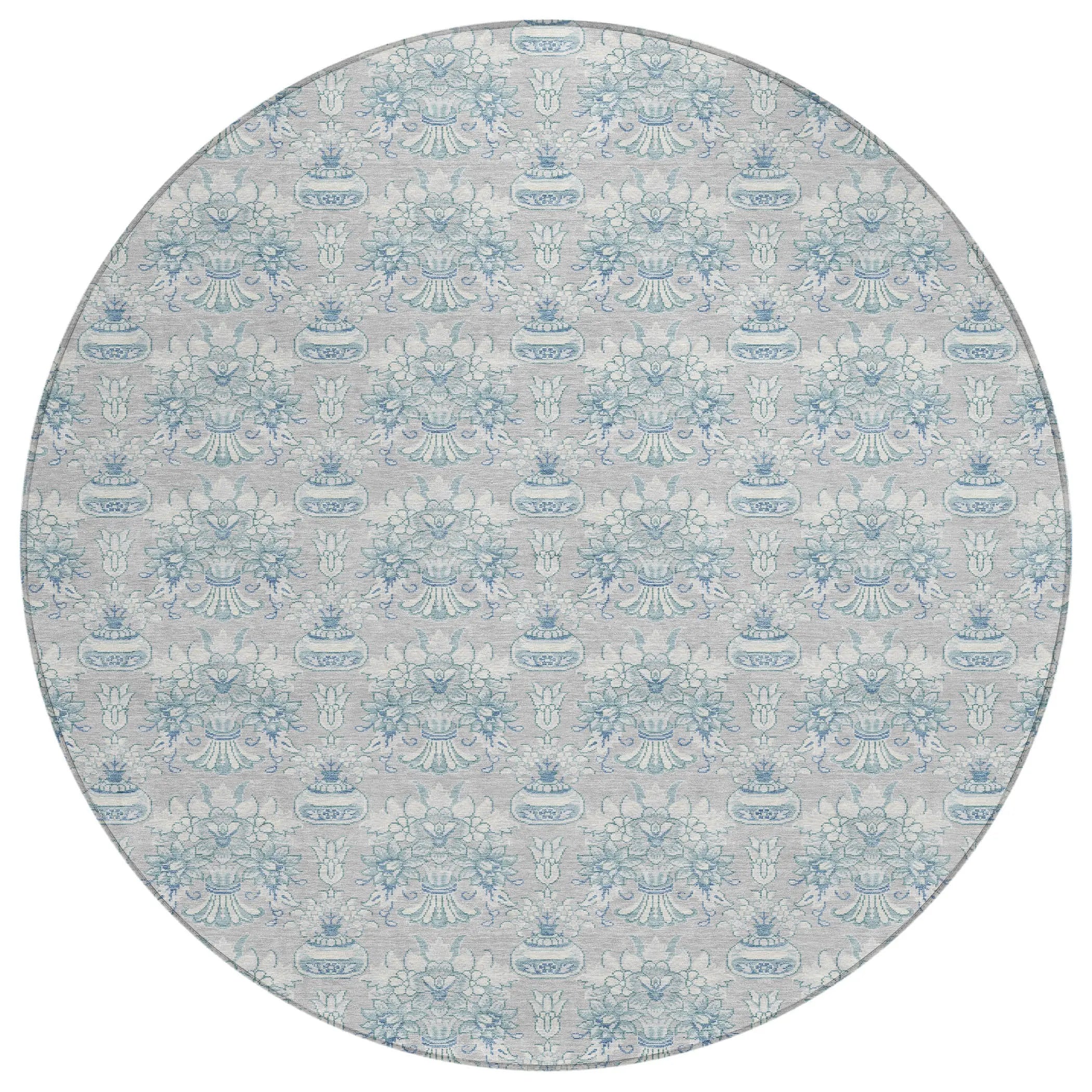 8' Silver And Gray Round Floral Washable Indoor Outdoor Area Rug Homeroots Outdoor