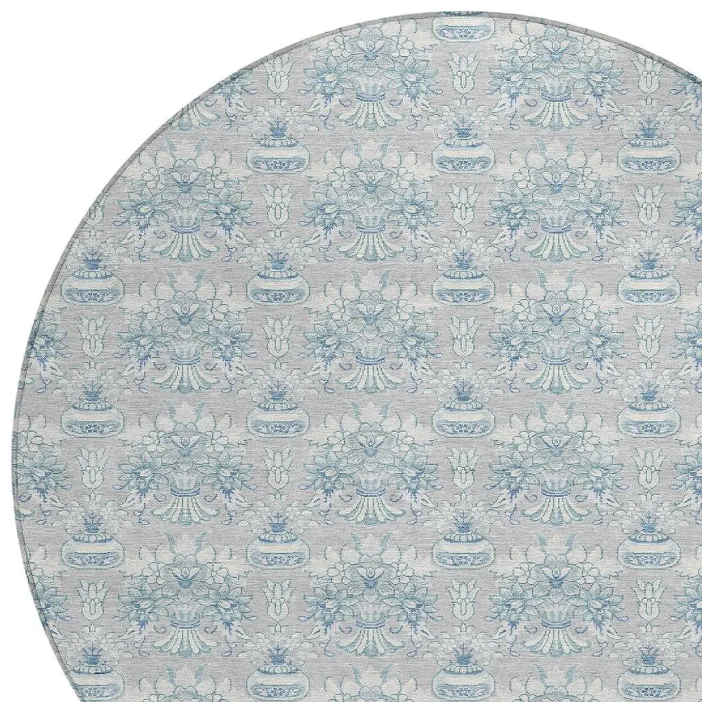 8' Silver And Gray Round Floral Washable Indoor Outdoor Area Rug Homeroots Outdoor