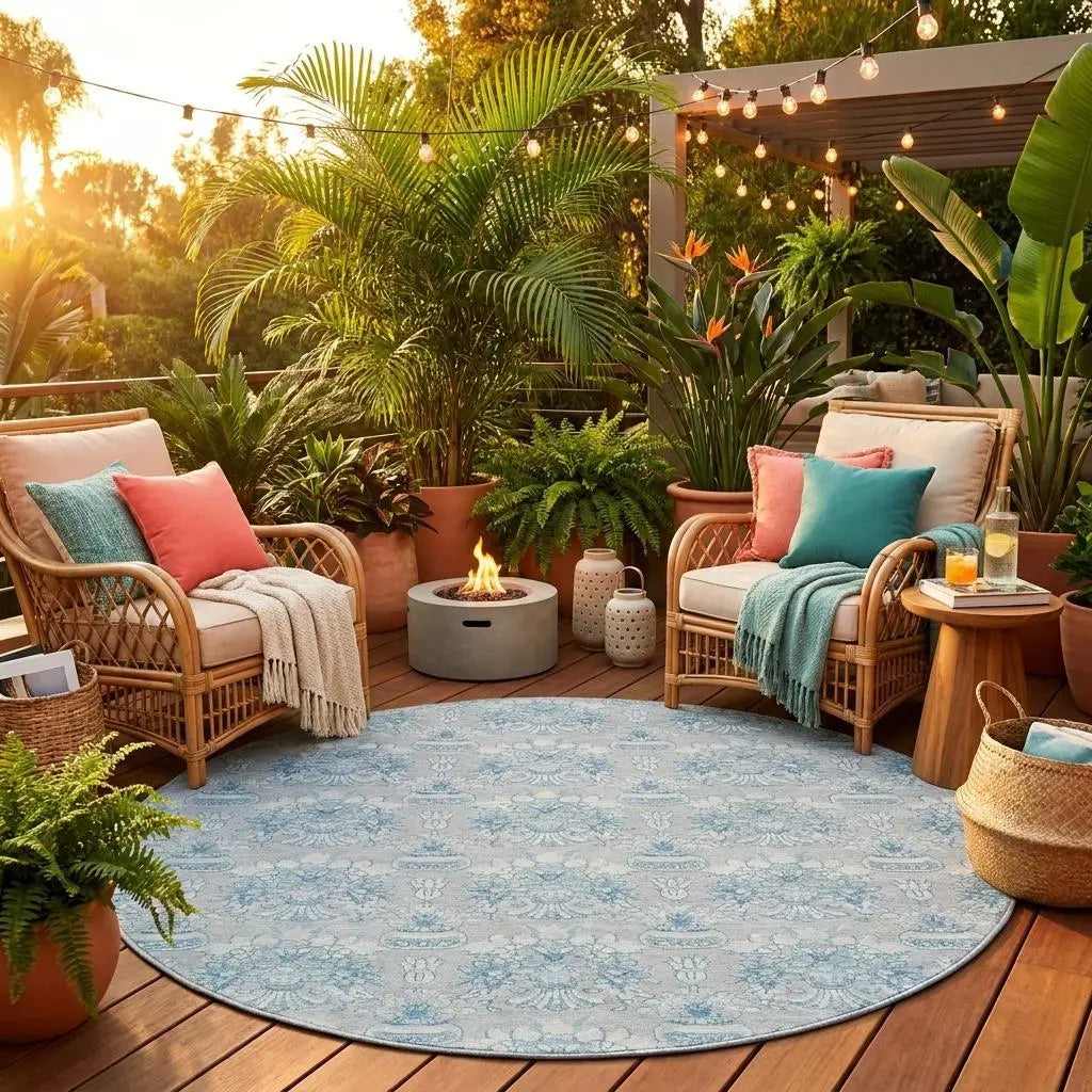 8' Silver And Gray Round Floral Washable Indoor Outdoor Area Rug Homeroots Outdoor