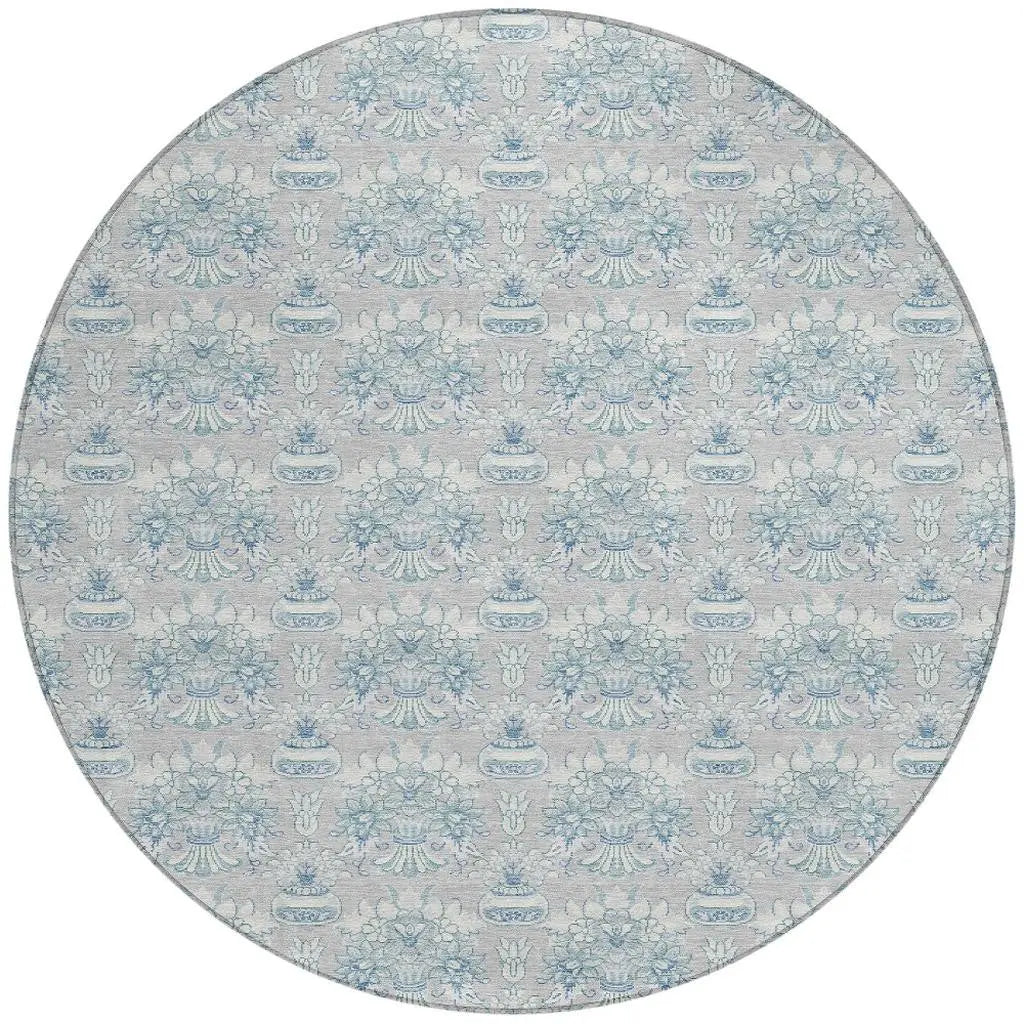 8' Silver And Gray Round Floral Washable Indoor Outdoor Area Rug Homeroots Outdoor