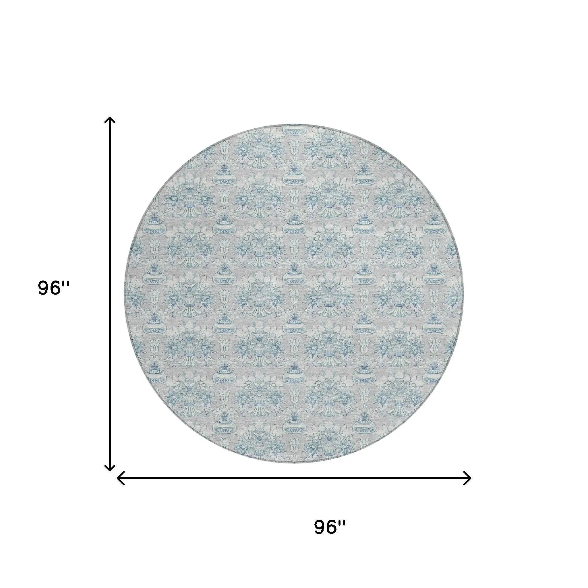 8' Silver And Gray Round Floral Washable Indoor Outdoor Area Rug Homeroots Outdoor