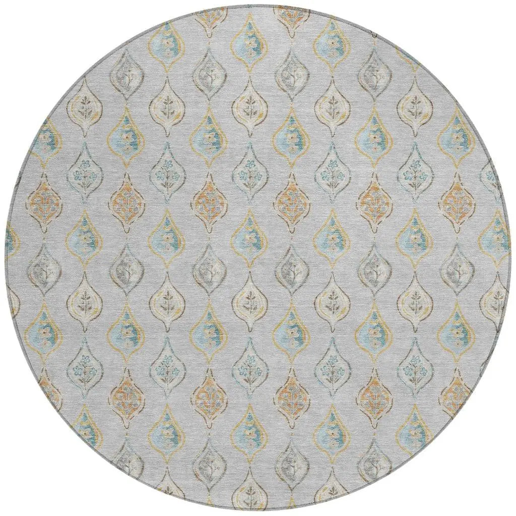 8' Silver And Gray Round Floral Washable Indoor Outdoor Area Rug Homeroots Outdoor