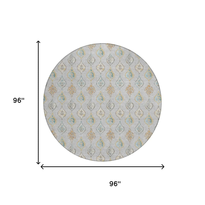 8' Silver And Gray Round Floral Washable Indoor Outdoor Area Rug Homeroots Outdoor