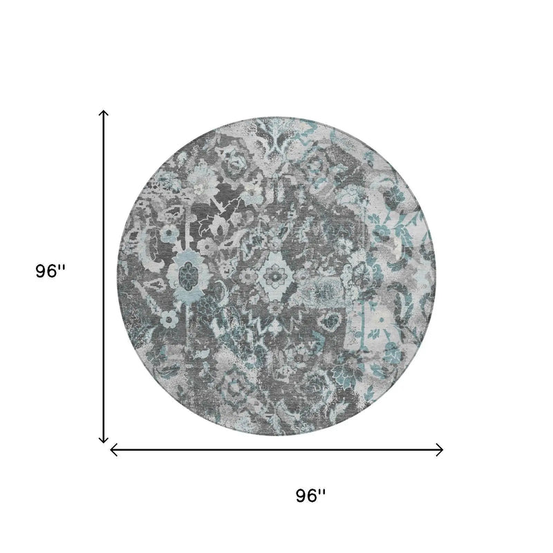 8' Silver And Gray Round Floral Washable Indoor Outdoor Area Rug Homeroots Outdoor
