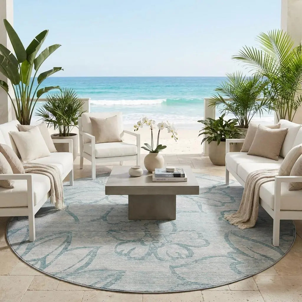 8' Silver And Gray Round Floral Washable Indoor Outdoor Area Rug Homeroots Outdoor