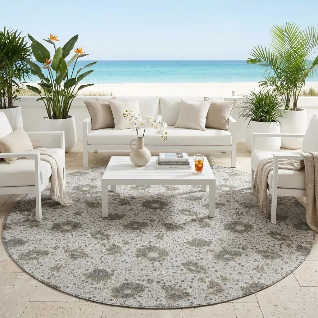 8' Silver And Gray Round Floral Washable Indoor Outdoor Area Rug Homeroots Outdoor
