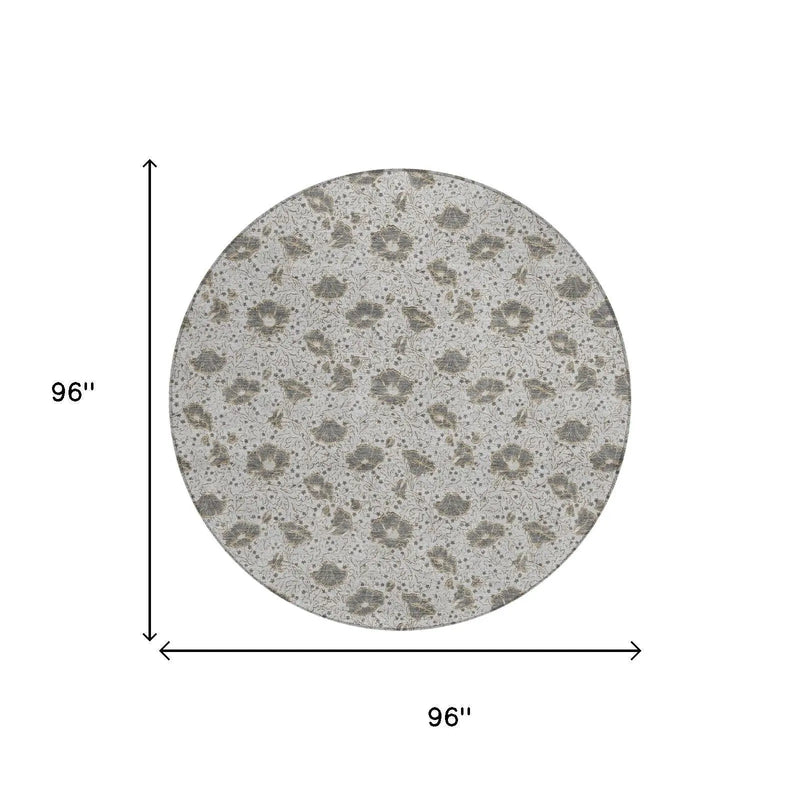 8' Silver And Gray Round Floral Washable Indoor Outdoor Area Rug Homeroots Outdoor