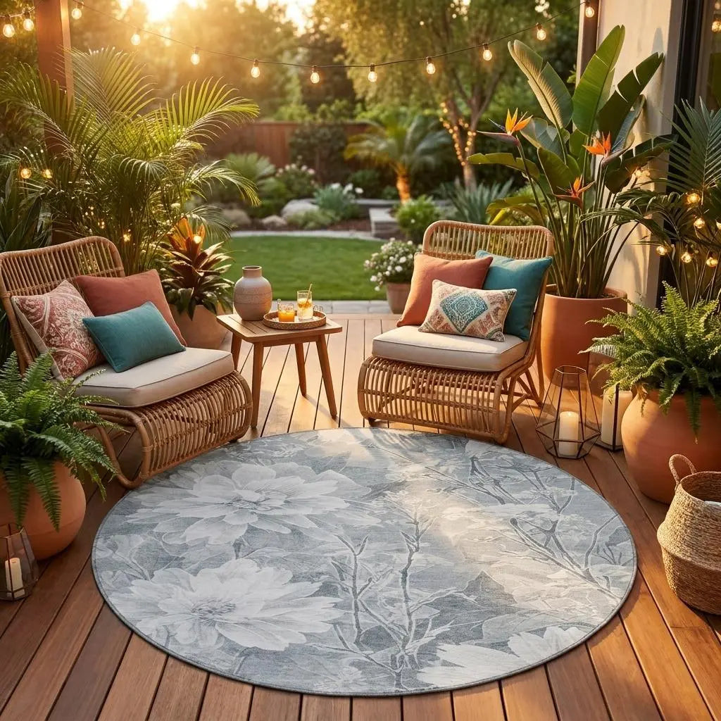8' Silver And Gray Round Floral Washable Indoor Outdoor Area Rug Homeroots Outdoor
