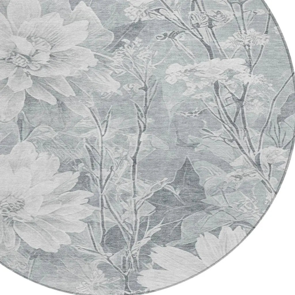 8' Silver And Gray Round Floral Washable Indoor Outdoor Area Rug Homeroots Outdoor