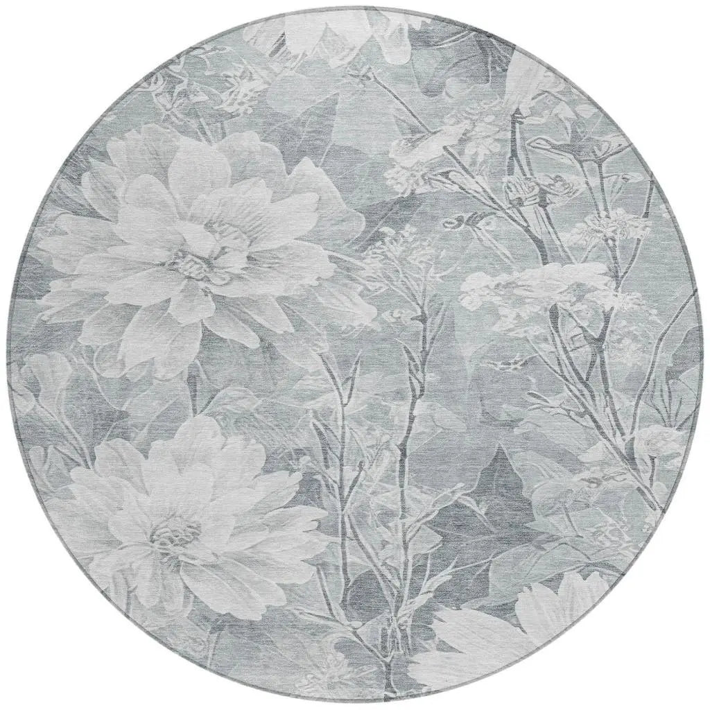 8' Silver And Gray Round Floral Washable Indoor Outdoor Area Rug Homeroots Outdoor