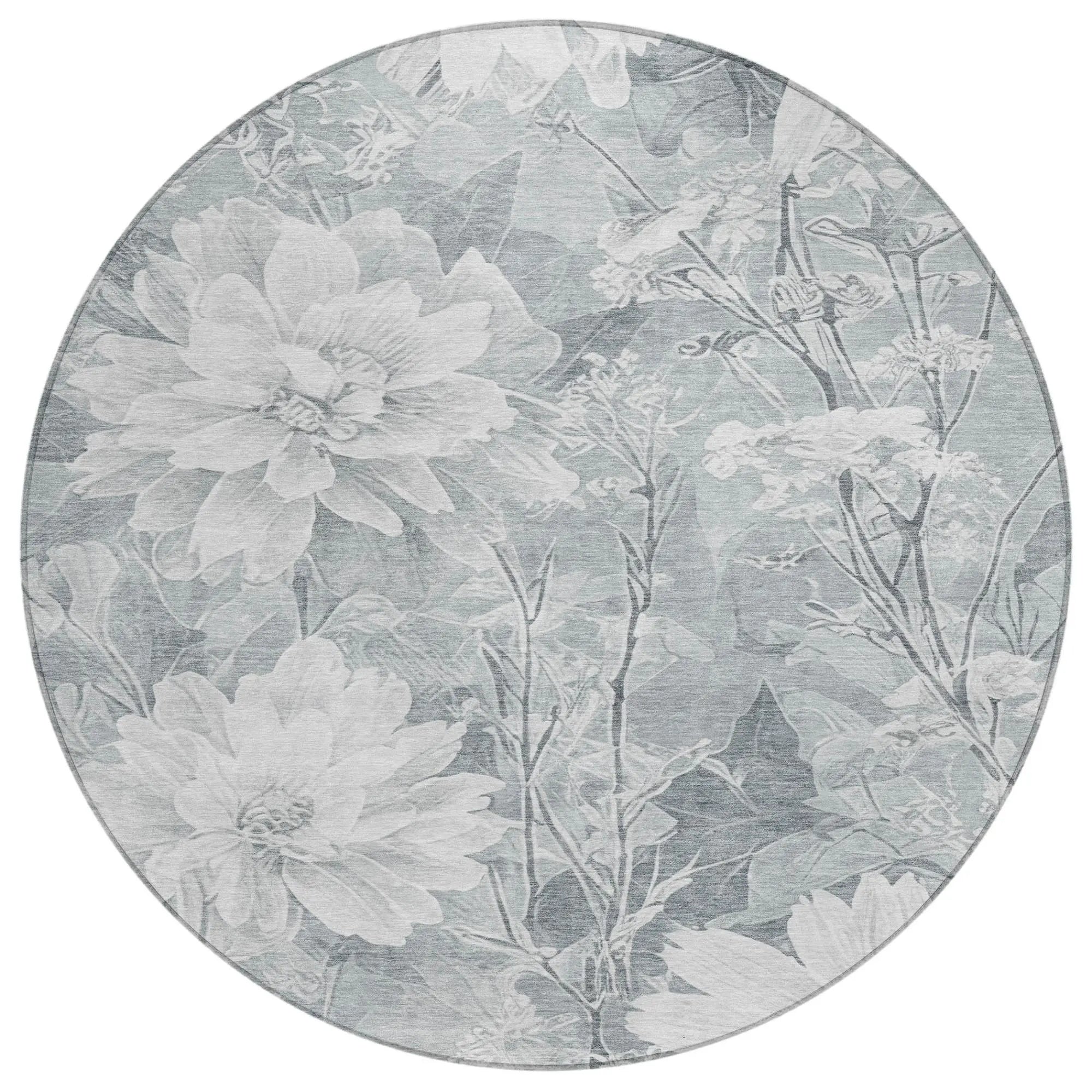 8' Silver And Gray Round Floral Washable Indoor Outdoor Area Rug Homeroots Outdoor