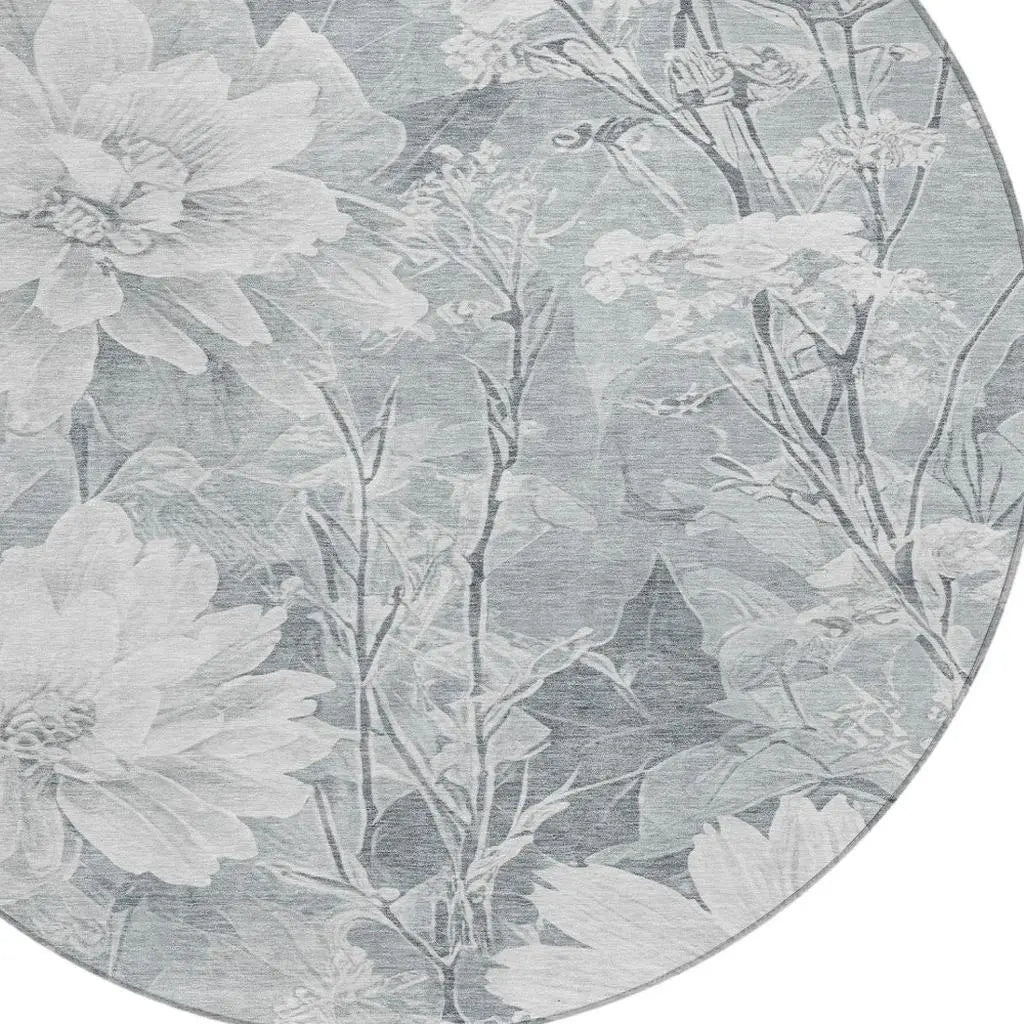 8' Silver And Gray Round Floral Washable Indoor Outdoor Area Rug Homeroots Outdoor
