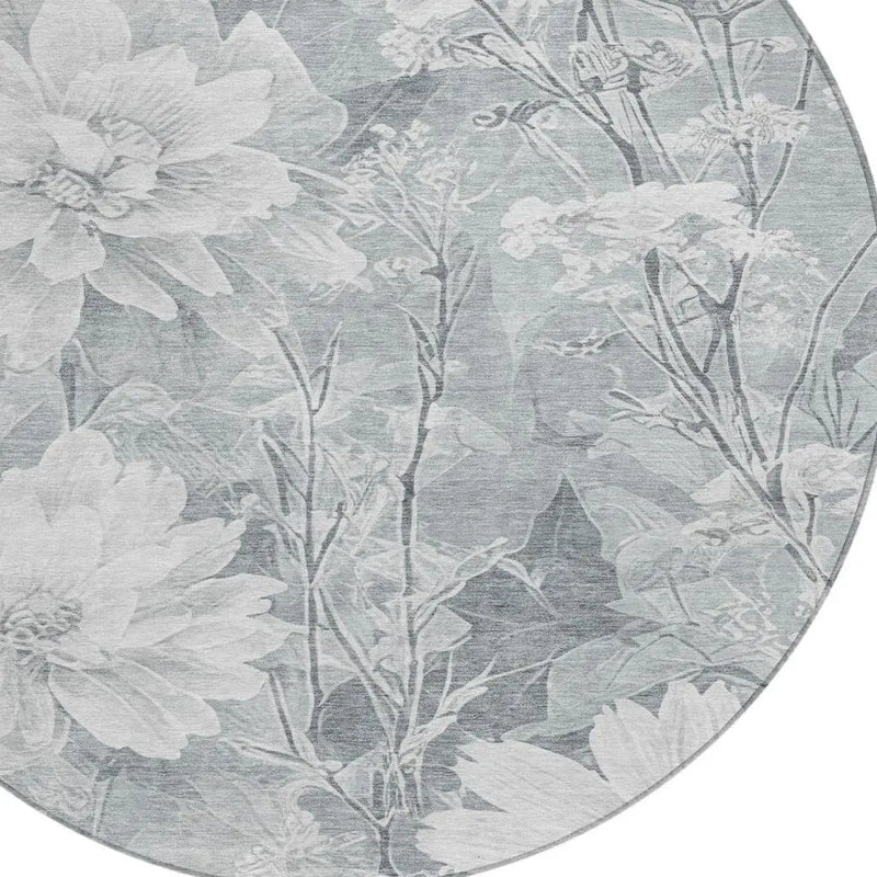 8' Silver And Gray Round Floral Washable Indoor Outdoor Area Rug Homeroots Outdoor
