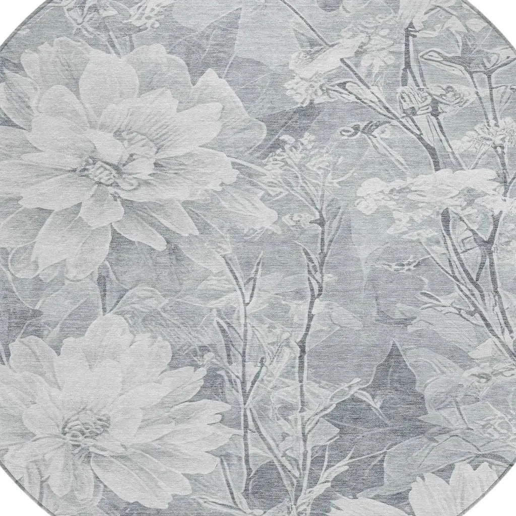 8' Silver And Gray Round Floral Washable Indoor Outdoor Area Rug Homeroots Outdoor