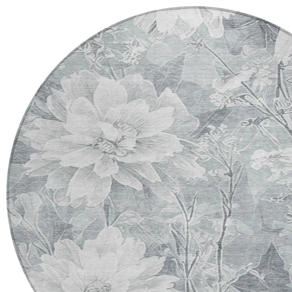 8' Silver And Gray Round Floral Washable Indoor Outdoor Area Rug Homeroots Outdoor