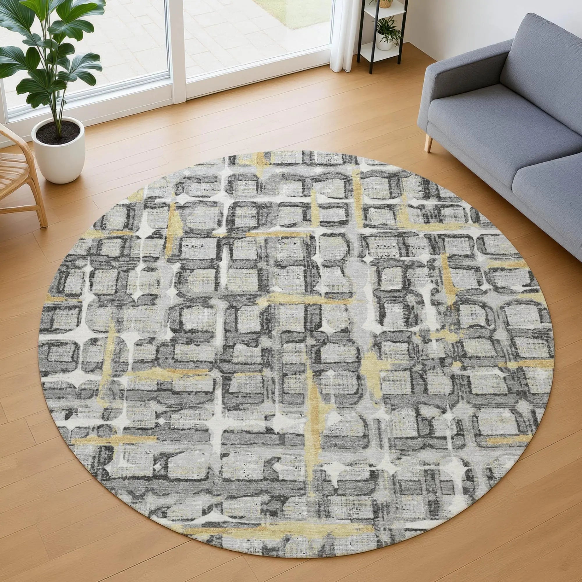 8' Silver And Gray Round Geometric Washable Indoor Outdoor Area Rug Homeroots Outdoor