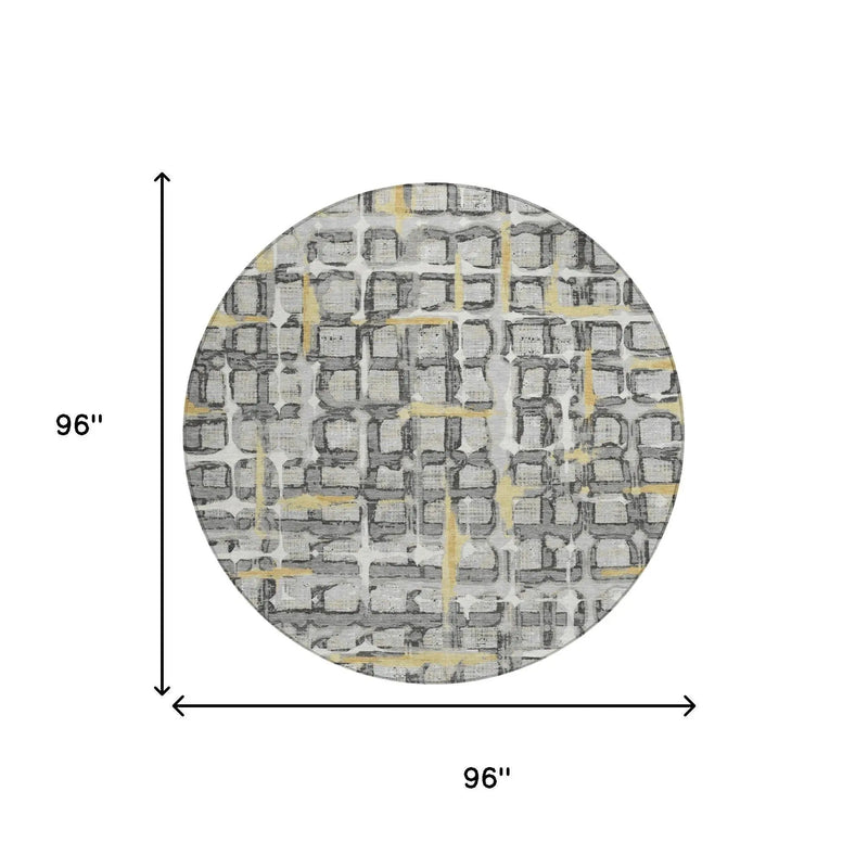8' Silver And Gray Round Geometric Washable Indoor Outdoor Area Rug Homeroots Outdoor