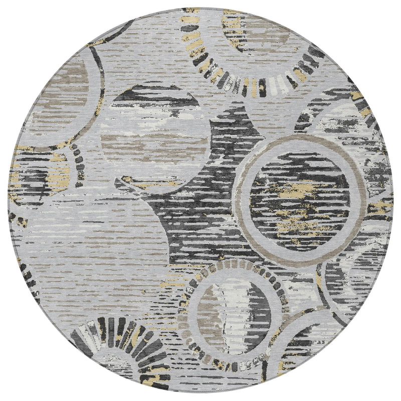 8' Silver And Gray Round Geometric Washable Indoor Outdoor Area Rug Homeroots Outdoor