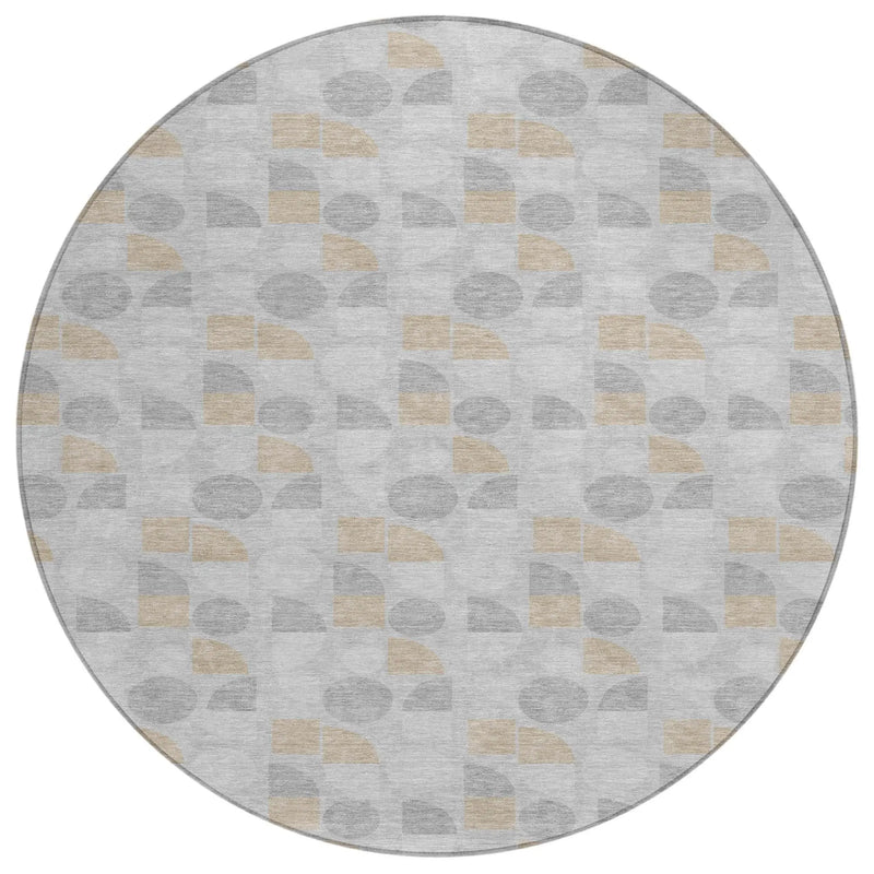 8' Silver And Gray Round Geometric Washable Indoor Outdoor Area Rug Homeroots Outdoor