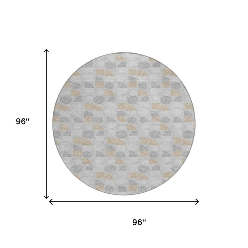 8' Silver And Gray Round Geometric Washable Indoor Outdoor Area Rug Homeroots Outdoor