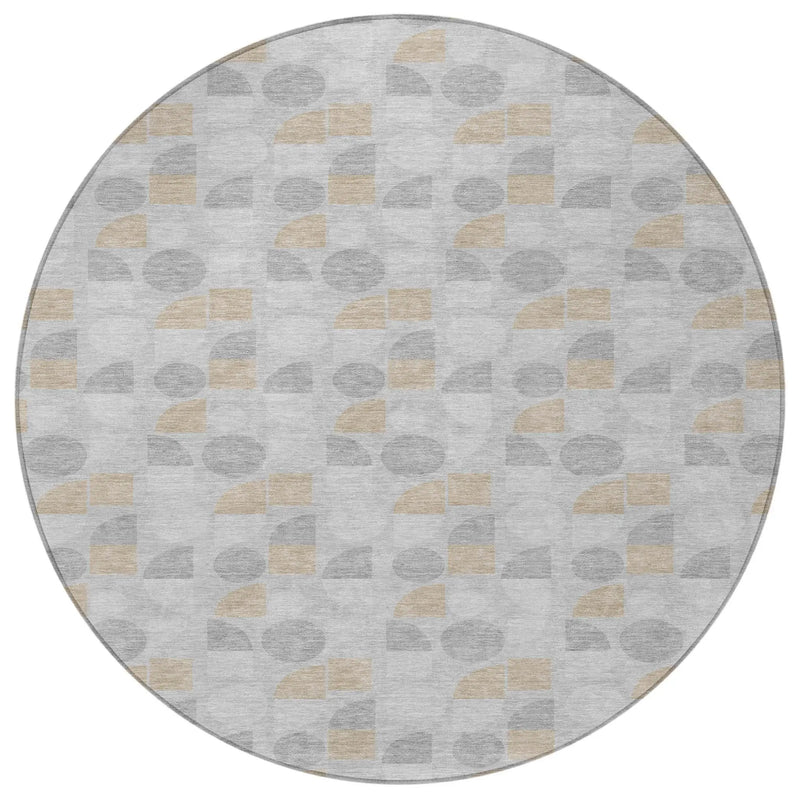 8' Silver And Gray Round Geometric Washable Indoor Outdoor Area Rug Homeroots Outdoor