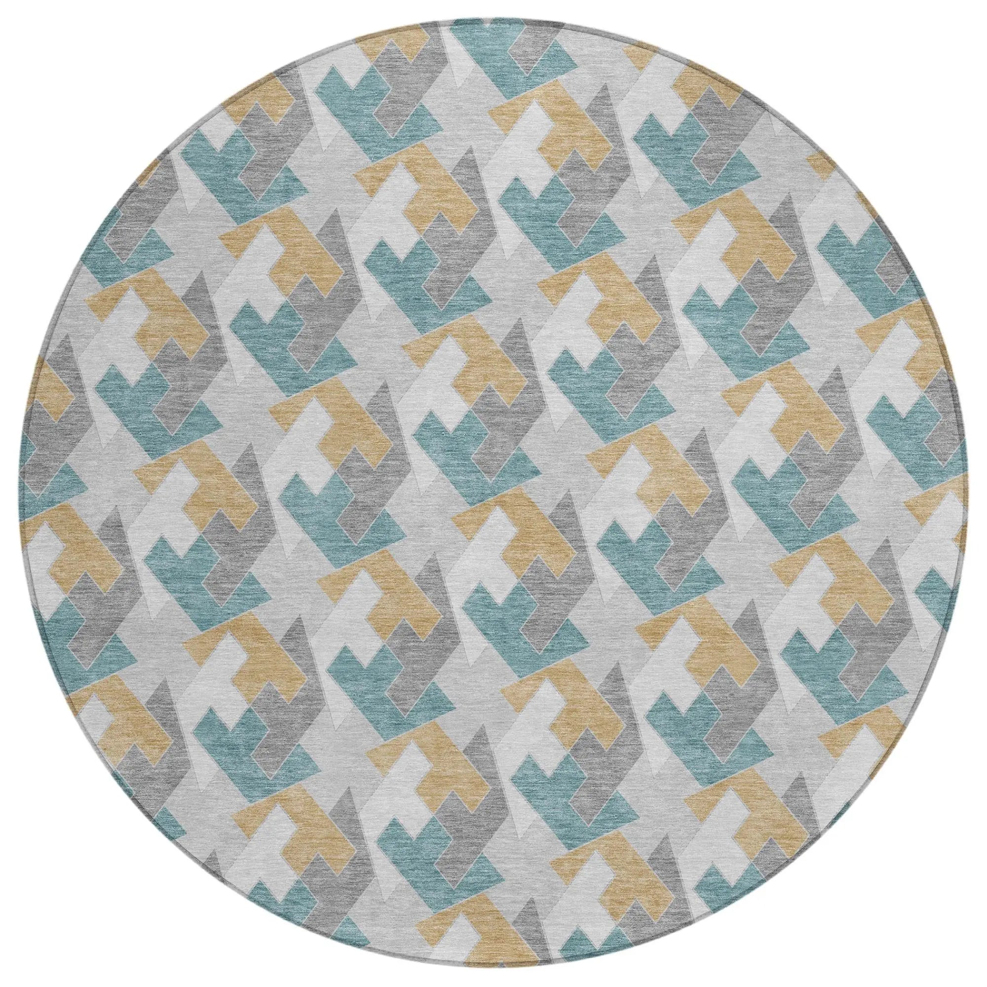 8' Silver And Gray Round Geometric Washable Indoor Outdoor Area Rug Homeroots Outdoor