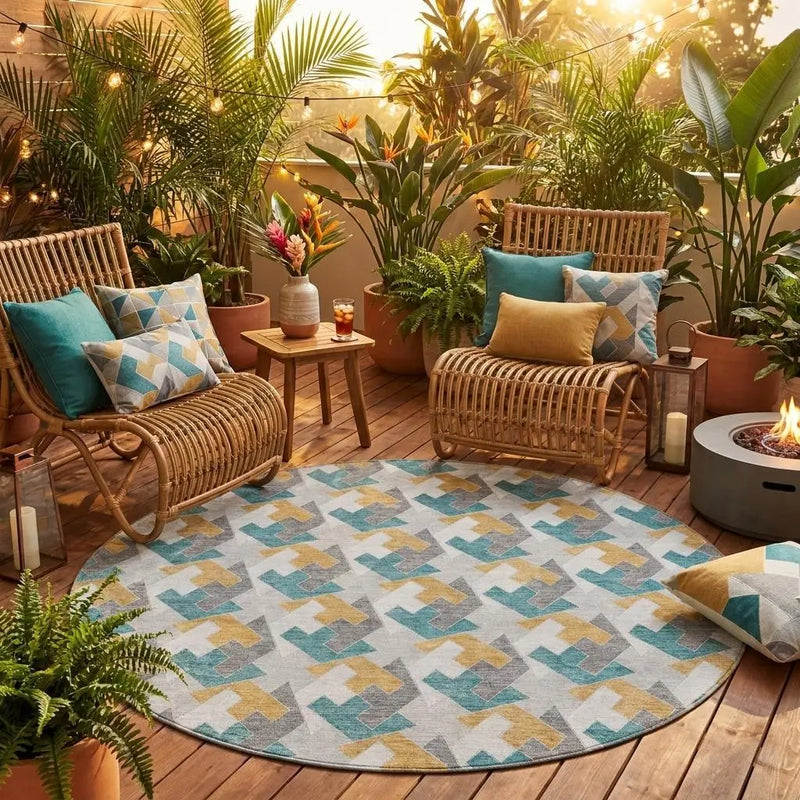 8' Silver And Gray Round Geometric Washable Indoor Outdoor Area Rug Homeroots Outdoor