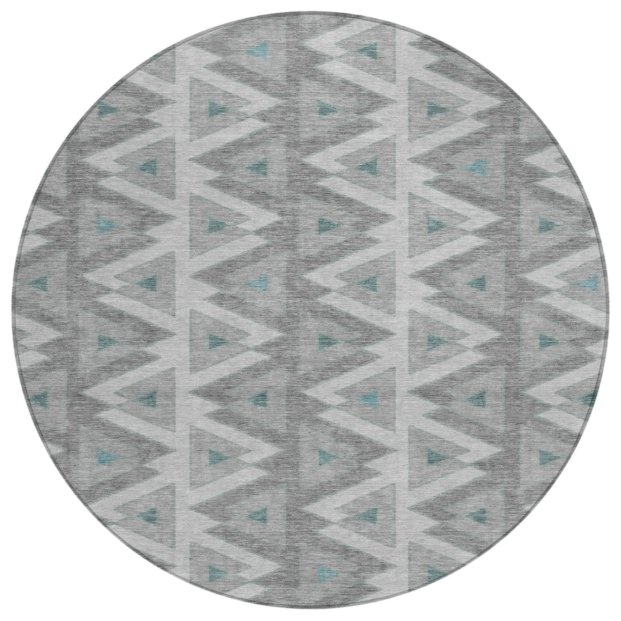 Round grey and turquoise geometric patterned area rug, crafted from durable materials, perfect for modern decor.