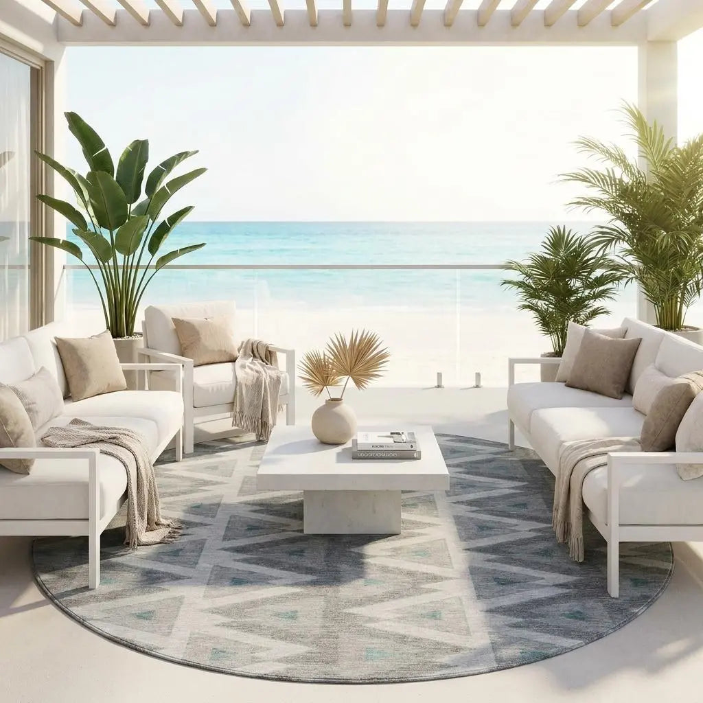 Modern white outdoor seating with beige cushions, geometric gray rug, and tropical plants by the beachside.