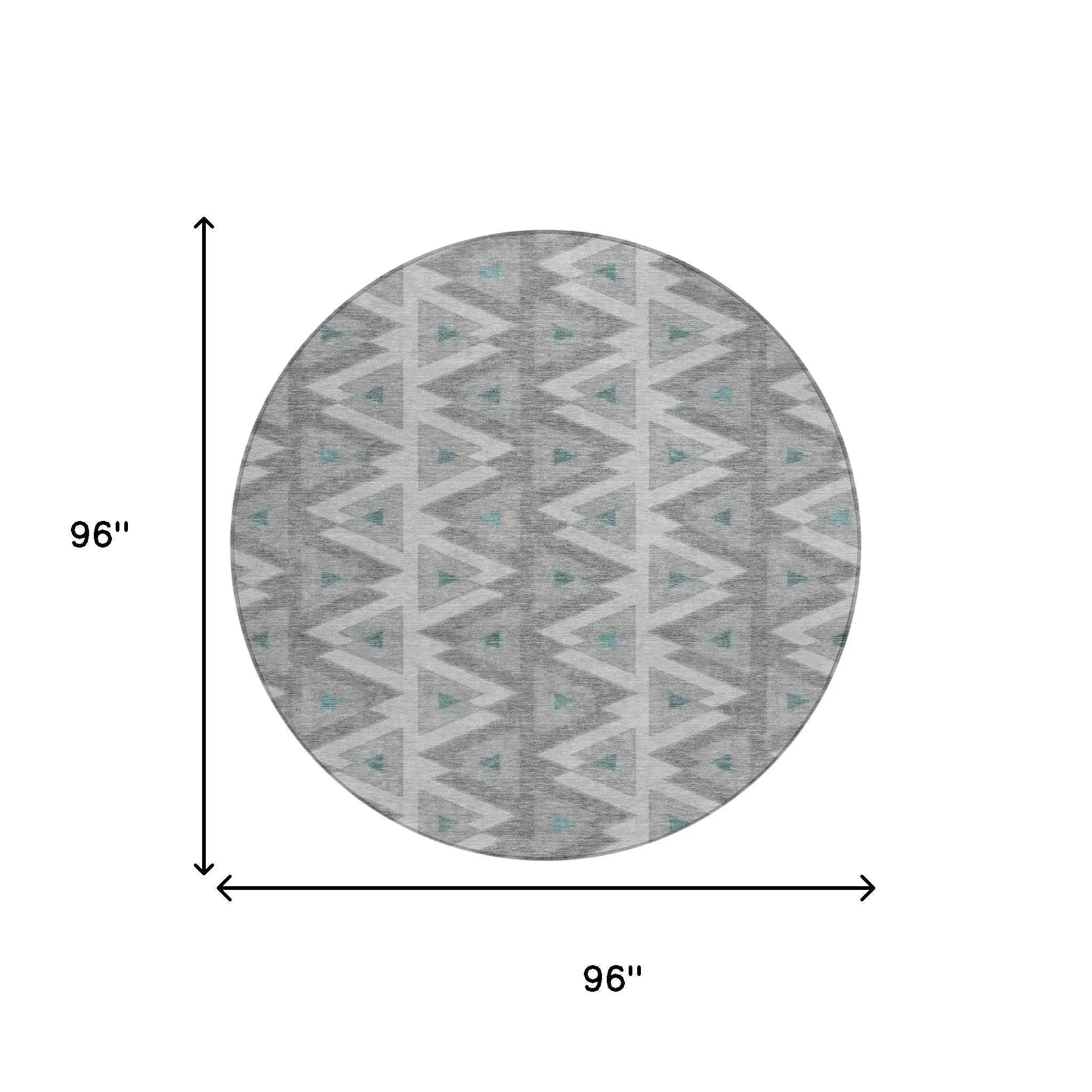Gray and turquoise geometric patterned round rug, 96 inches in diameter, made from durable, soft materials.