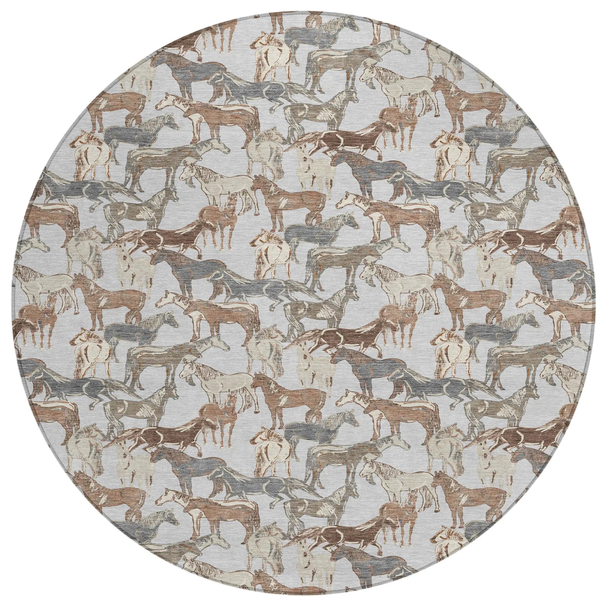 8' Silver And Gray Round Horse Washable Indoor Outdoor Area Rug Homeroots Outdoor