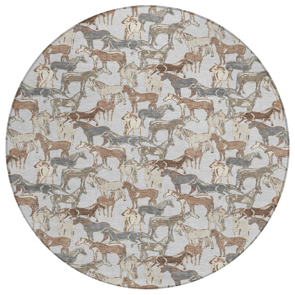 8' Silver And Gray Round Horse Washable Indoor Outdoor Area Rug Homeroots Outdoor