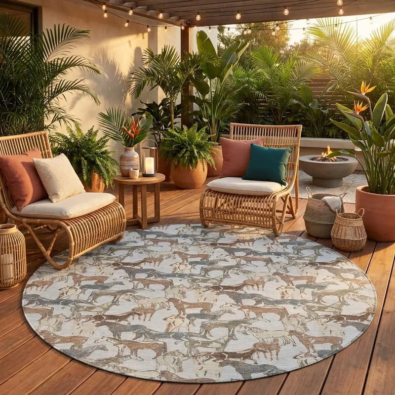 8' Silver And Gray Round Horse Washable Indoor Outdoor Area Rug Homeroots Outdoor