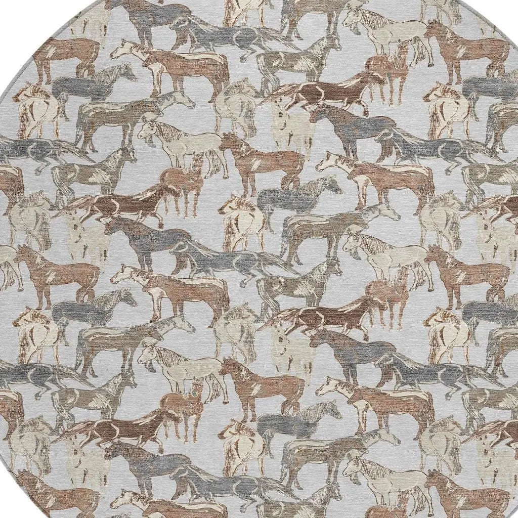8' Silver And Gray Round Horse Washable Indoor Outdoor Area Rug Homeroots Outdoor