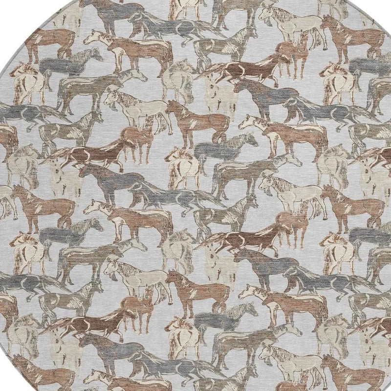 8' Silver And Gray Round Horse Washable Indoor Outdoor Area Rug Homeroots Outdoor