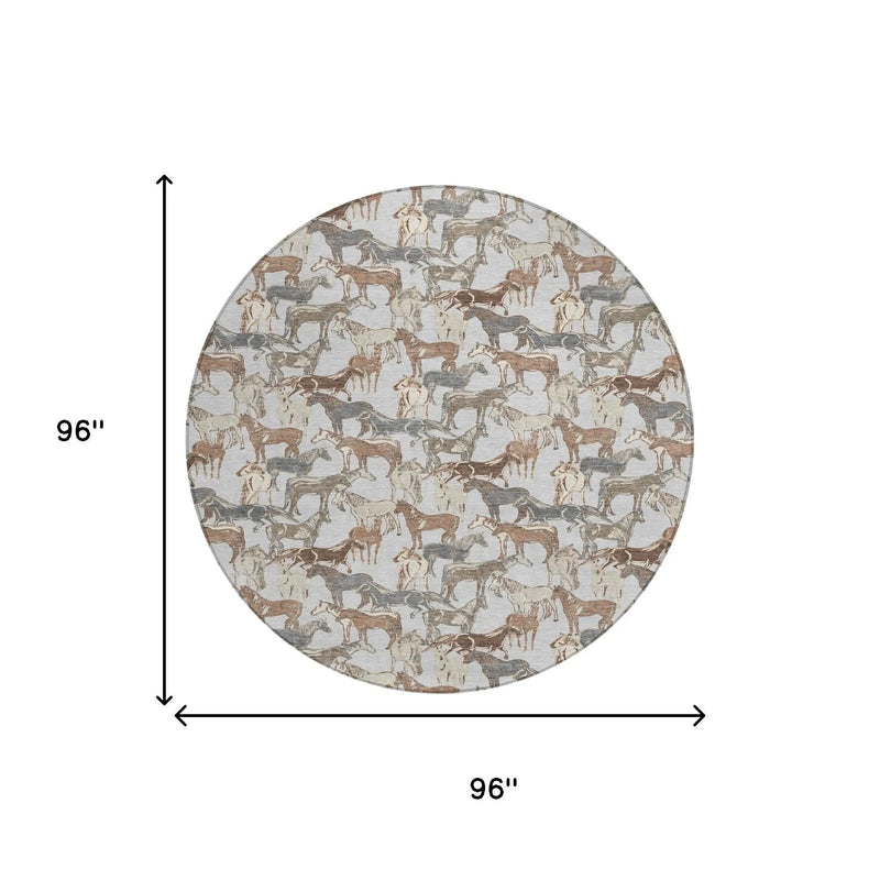 8' Silver And Gray Round Horse Washable Indoor Outdoor Area Rug Homeroots Outdoor