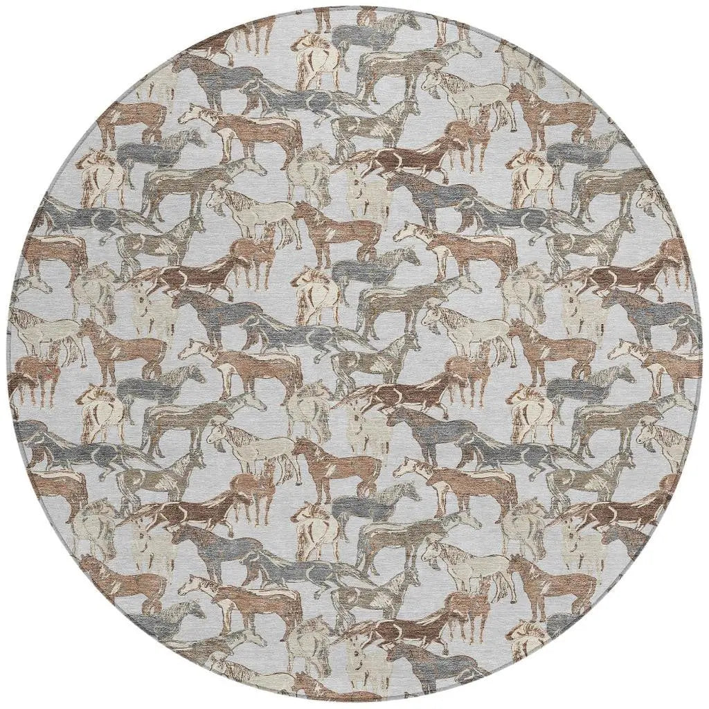8' Silver And Gray Round Horse Washable Indoor Outdoor Area Rug Homeroots Outdoor