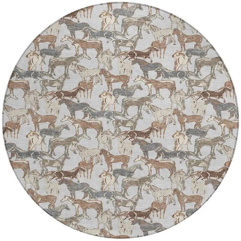 8' Silver And Gray Round Horse Washable Indoor Outdoor Area Rug Homeroots Outdoor